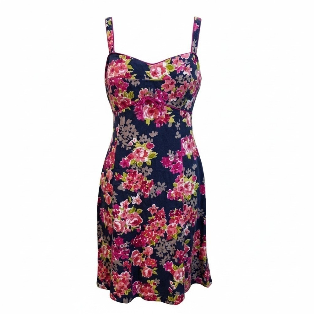 VTG Y2K Floral‎ Sundress Navy Pink Rose Whimsigoth Cottagecore Sweetheart (READ)